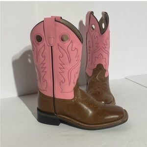 Old West Pink and Brown Distressed Square toe Boots